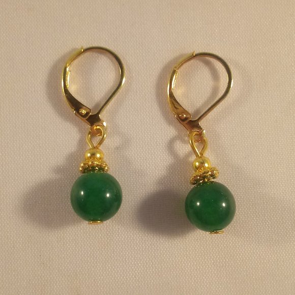 Natural 8mm Green Jade Gemstone Bead Dangle Earrings AAA Yellow Gold Party Gift - Picture 2 of 3